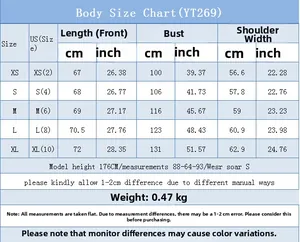 Size chart for women's long sleeve denim shirt with US sizes and metric measurements