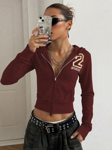 Sweat à Capuche Décontracté Vintage pour Femmes Coupe Ajustée Crop Top Manches Longues avec Fermeture Éclair et Imprimé