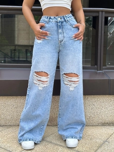Damen High Waist Ripped Wide Leg Jeans Locker Distressed Gewaschen Gerade Lange Hose Casual Streetwear Denim Hose