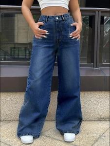 Jeans Femme Taille Haute Jambe Large Denim Lavé Pantalon Droit Casual Baggy Pantalon Bleu Foncé Jeans Coupe Ample Avec Chaîne