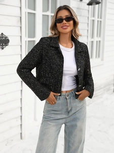 Women's black sequin tweed jacket in a short cut with metallic buttons for a chic style