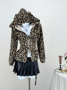 Giacca da Donna in Pelliccia Sintetica Leopardata Calda con Cappuccio e Design a Orecchie di Gatto Streetwear Invernale