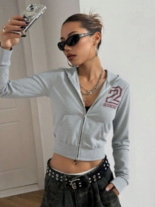 Women's light grey cropped zip-up hoodie with vintage SKYANDHI print and casual streetwear style