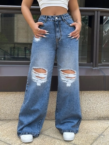 Damen High Waist Jeans mit weitem Bein und Rissen in Dunkelblau für urbanen Streetstyle
