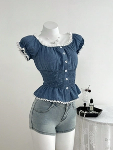 Camicetta da Donna Elegante a Maniche Corte con Bordo in Pizzo Vita Arricciata Bottoni a Petalo Look Denim Slim Fit Casual Dolce
