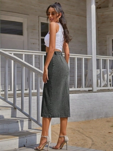 Detail view of charcoal denim midi skirt with high waist and stylish back slit