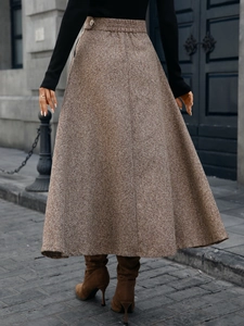 Elegant brown wool A-line skirt with textured fabric for autumn winter street fashion