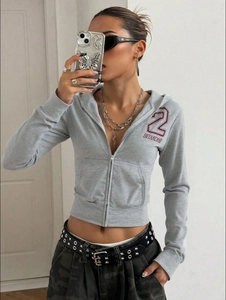 Women Cropped Zip Up Hoodie Long Sleeve Grey Letter Print Drawstring Hooded Sweatshirt Casual Urban Streetwear Fall Tops