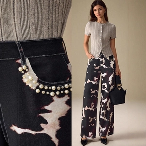 Jeans Jambes Larges à Taille Haute Imprimé Vache pour Femmes Décoration de Poche en Künstliche Perles Pantalon en Denim de Coton