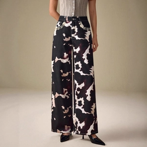 Pantalon femme taille haute à motif vache avec bordure de perles élégante aux poches