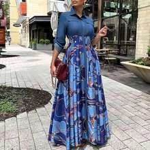 Close-up of denim patchwork top and ethnic print skirt on long-sleeved dress