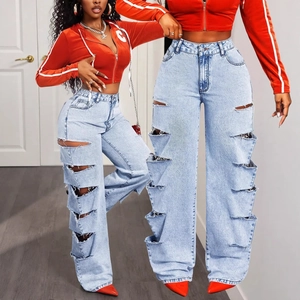 Pantaloni Jeans a Gamba Larga Strappati a Vita Alta da Donna Streetwear Distressed Hollow Out Denim Lavato Gamba Dritta