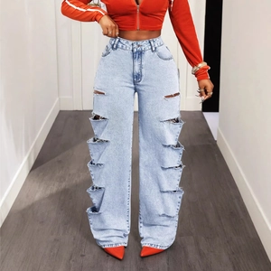 Jeans azzurri a gamba larga con vita alta e ampi ritagli trapezoidali laterali moderni