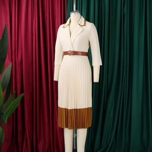 Detailansicht beige plissiertes Kleid mit braunem Kragen und passendem Ledergürtel