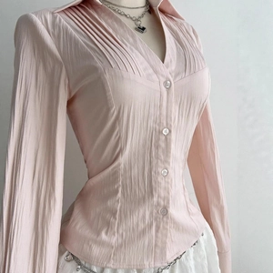 Elegant light pink long sleeve blouse for women with stylish front pleats and V-neckline