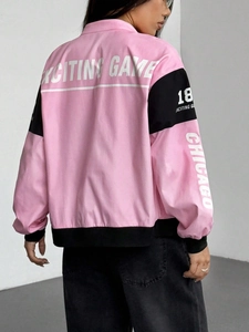 Vue arrière de la veste racing rose et noire avec motif EXCITING GAME au dos