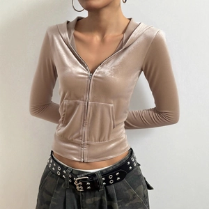Champagnekleurig fluwelen damesvest met capuchon in trendy Y2K-straatstijl
