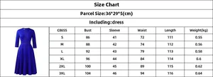 Tabella taglie dettagliata per abito elegante con maniche a 3/4, misure dalla S alla 3XL
