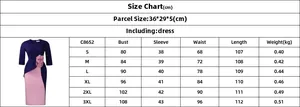 Size chart for women's V-neck dress with floral waist showing bust and length metrics