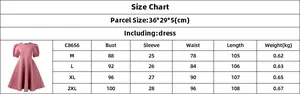 Detailed size chart for elegant pink puff sleeve dress showing Bust, Waist and Length