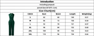 Size chart for sleeveless green jumpsuit with bust waist and length measurements