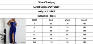 Detailed size chart for elegant off-shoulder sequin evening dress with high slit