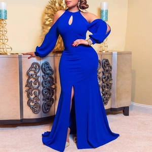 Robe de soirée élégante bleu roi à licou épaules dénudées avec fente et manches longues