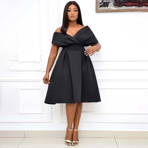 Front view of an elegant black off-shoulder V-neck dress with cross-drape and A-line skirt