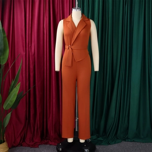 Detail of burnt orange sleeveless jumpsuit with notched lapel and matching waist tie