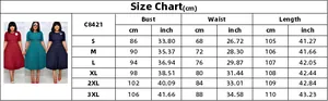 Detailed size chart for S-3XL women short sleeve pleated dress with fit measurements