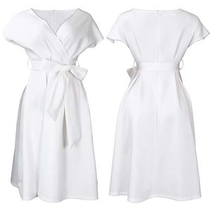Front and back view of white V-neck dress with short sleeves and waist bow tie detail