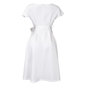 Detailed back view of white A-line dress featuring short sleeves and invisible back zipper
