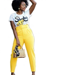 Women's summer set with Simba print T-shirt and bright yellow high-waisted trousers