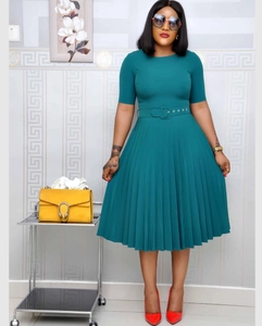 Short sleeve high waist pleated midi dress in solid teal green with a matching belt