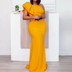 Elegant bright yellow one-shoulder mermaid maxi dress with tiered ruffles and black belt
