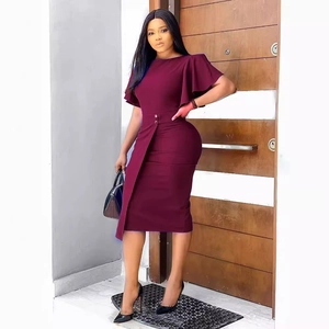 Slim fit wine red midi dress with ruffle sleeves and double-breasted buttons for women