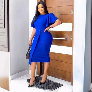 Elegant royal blue bodycon dress featuring ruffle sleeves and side button panel detail
