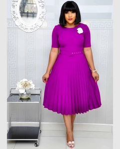Elegant purple pleated dress with short sleeves, round neck, and matching waist belt