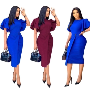 Slim fit ruffle sleeve dress with asymmetric hem and waist button details
