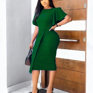 Slim-fit dark green dress with ruffle bell sleeves and round neck for professional wear