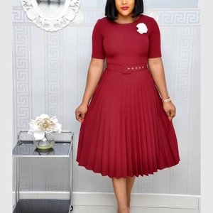 Women Plus Size Pleated Midi Dress Round Neck Short Sleeve Solid Color Elegant A-Line Dress With Belt And Flower Brooch