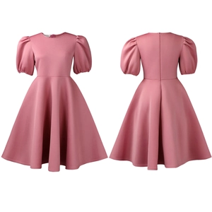 Detailed front and back views of a pink A-line dress with puff sleeves and round neck