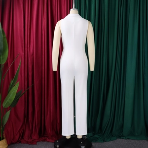 Rear view of sleek white sleeveless jumpsuit featuring a slim fit and wide leg design
