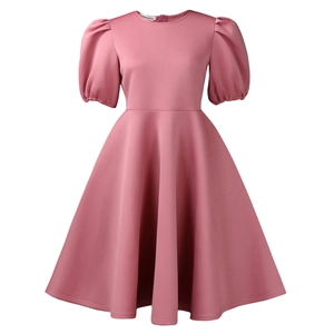 Detailed close-up of a pink bubble sleeve dress with round neck and elegant A-line cut