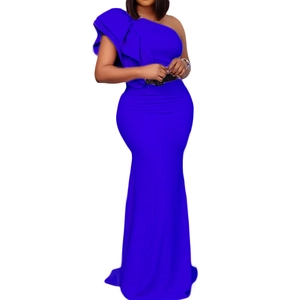 Elegant royal blue one-shoulder mermaid maxi dress with ruffle detail and black belt