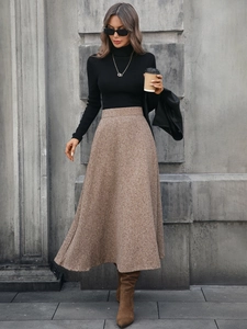 Women Elegant High Waist A-Line Woolen Midi Skirt Vintage Tweed Texture Autumn Winter Fashion Commute Bottoms