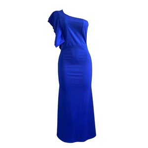 Detail of royal blue one-shoulder maxi dress with ruffled sleeve and fitted waistline