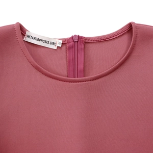 Detail of rose pink dress showing round neckline, brand label, and back zipper