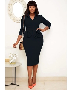 Robe Crayon Midi Femme Élégante Col en V Manches 3/4 Avec Ceinture Fleur Rose 3D Bodycon Peplum Bureau Travail Fête