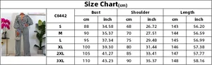 Detailed size chart for printed wide leg jumpsuit with bust and shoulder measurements